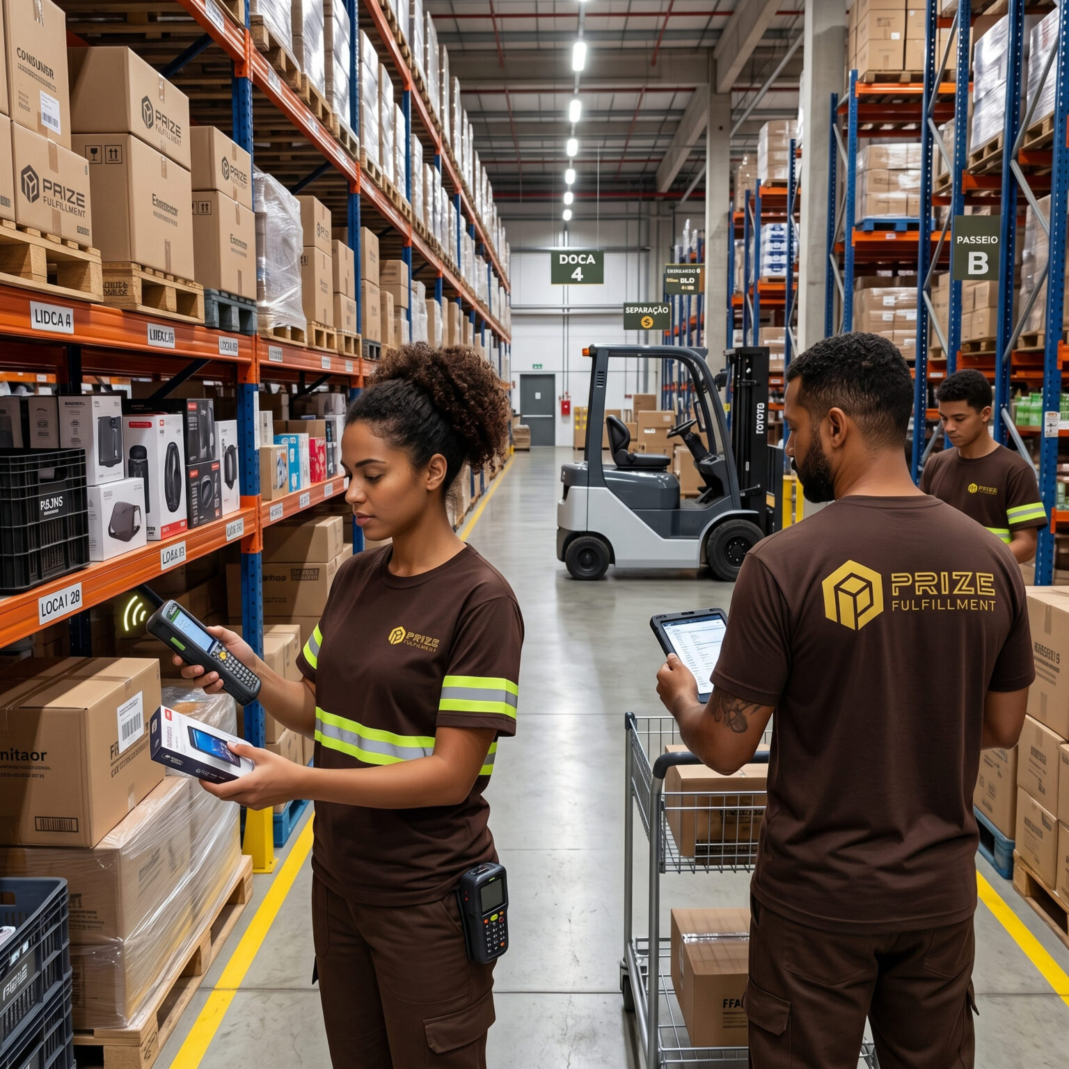 um homem e uma mulher em um armazém fazendo a separação de produtos