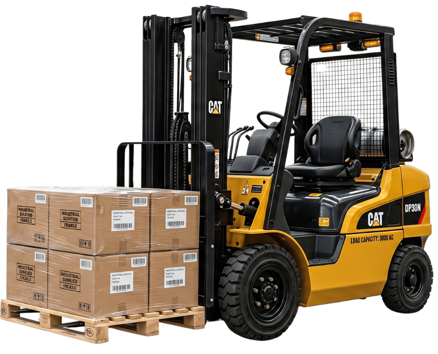 Empilhadeira amarela com caixas