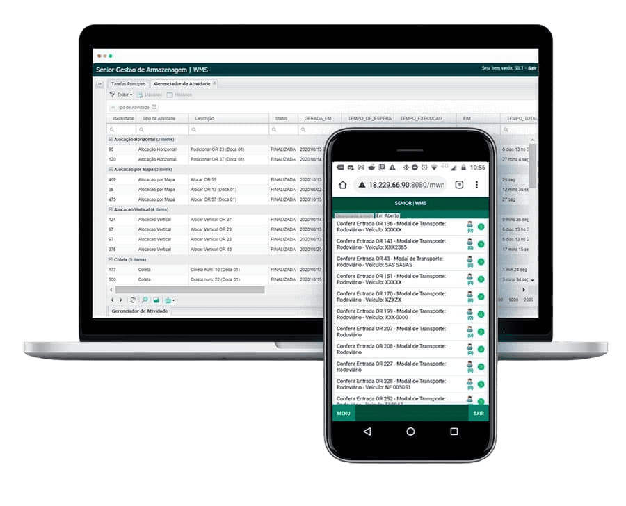 mockup do sistema WMS da Sênior em modelos de celular e computador