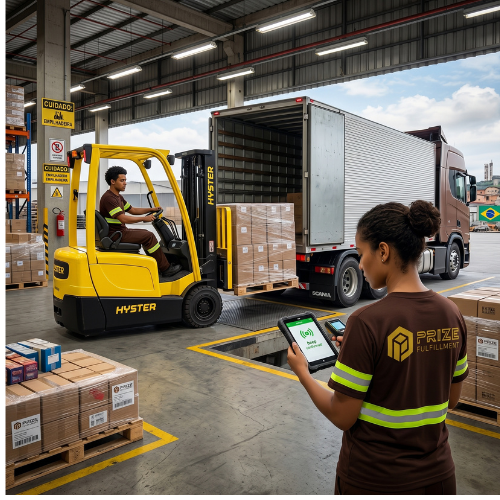Imagem mulher conferindo recebimento de carga e homem trabalhando em uma empilhadeira prizelog