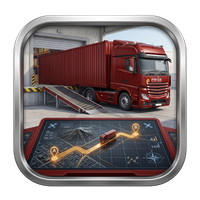 Caminhão bordô estacionado em um armazém e um mapa fazendo alusão a rastreamento