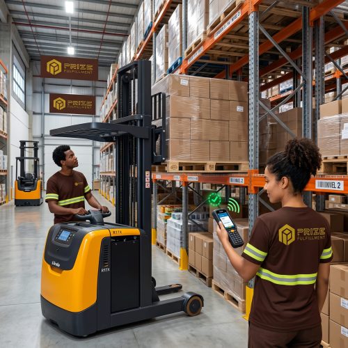 imagem dentro de um armazém com um homem manuseando uma empilhadeira alocando palet e uma mulher conferindo